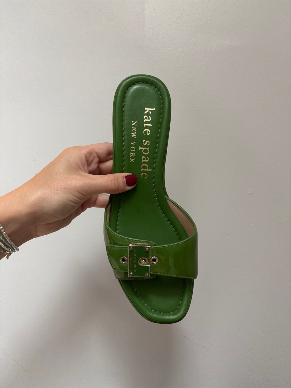 kate spade Green Patent Leather Slide Mules with Gold Buckle - Picture 3 of 6